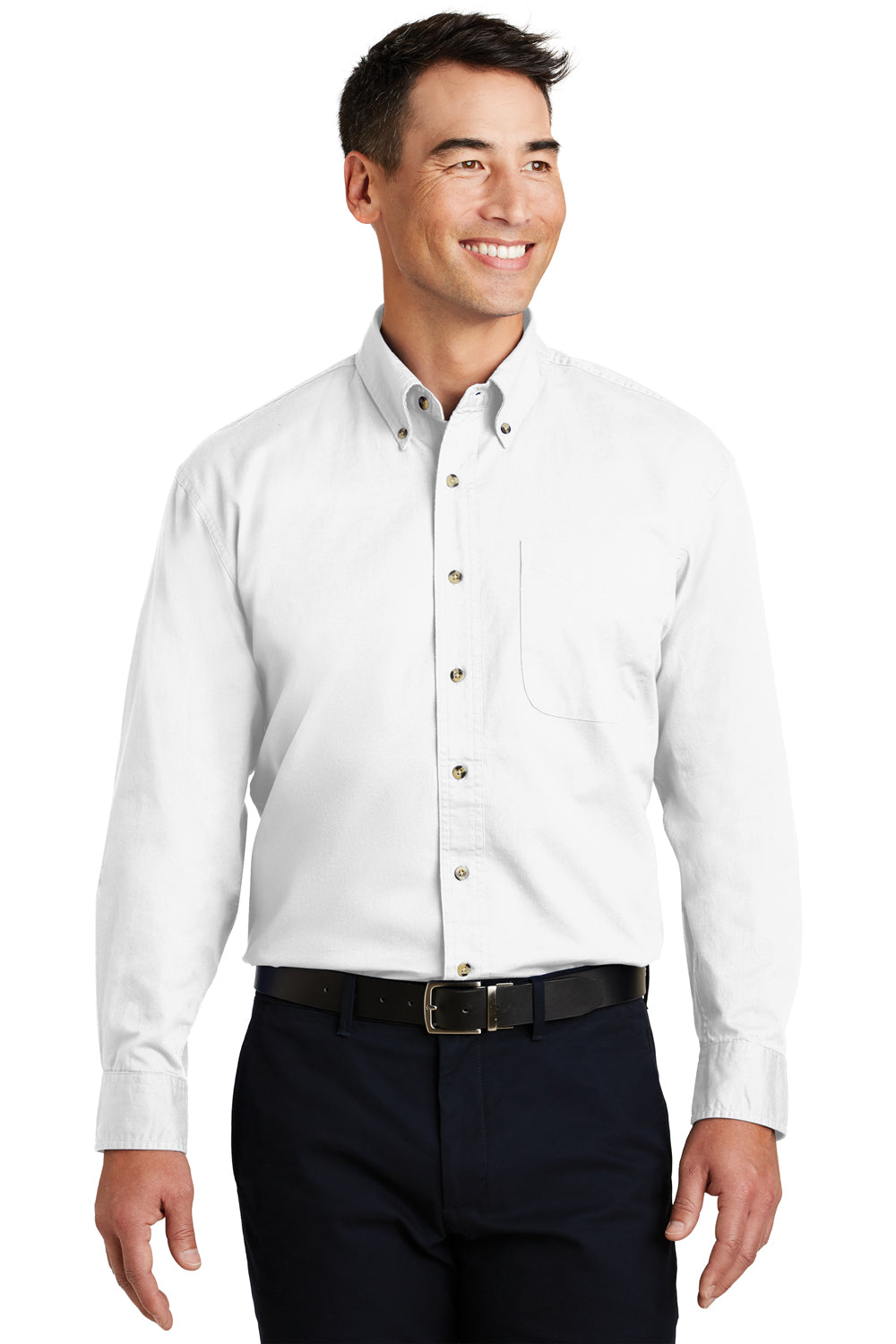 Port Authority S600T Mens Long Sleeve Button Down Shirt w/ Pocket White Front