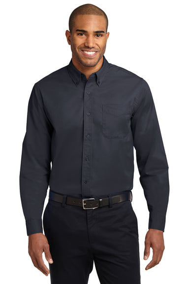 Port Authority S608/TLS608/S608ES Mens Easy Care Wrinkle Resistant Long Sleeve Button Down Shirt w/ Pocket Classic Navy Blue Front