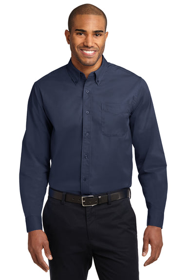 Port Authority S608/TLS608/S608ES Mens Easy Care Wrinkle Resistant Long Sleeve Button Down Shirt w/ Pocket Navy Blue Front