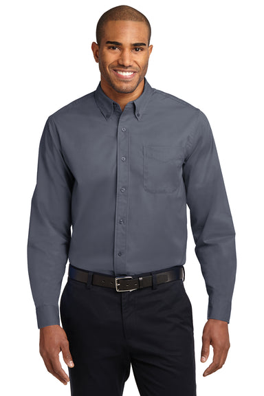 Port Authority S608/TLS608/S608ES Mens Easy Care Wrinkle Resistant Long Sleeve Button Down Shirt w/ Pocket Steel Grey Front