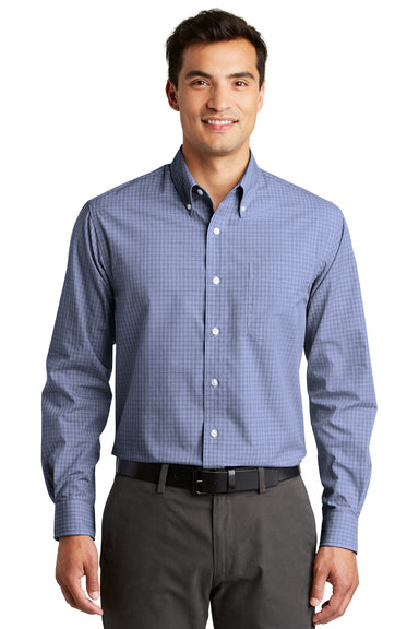 Port Authority S639 Mens Easy Care Wrinkle Resistant Long Sleeve Button Down Shirt w/ Pocket Navy Blue Front