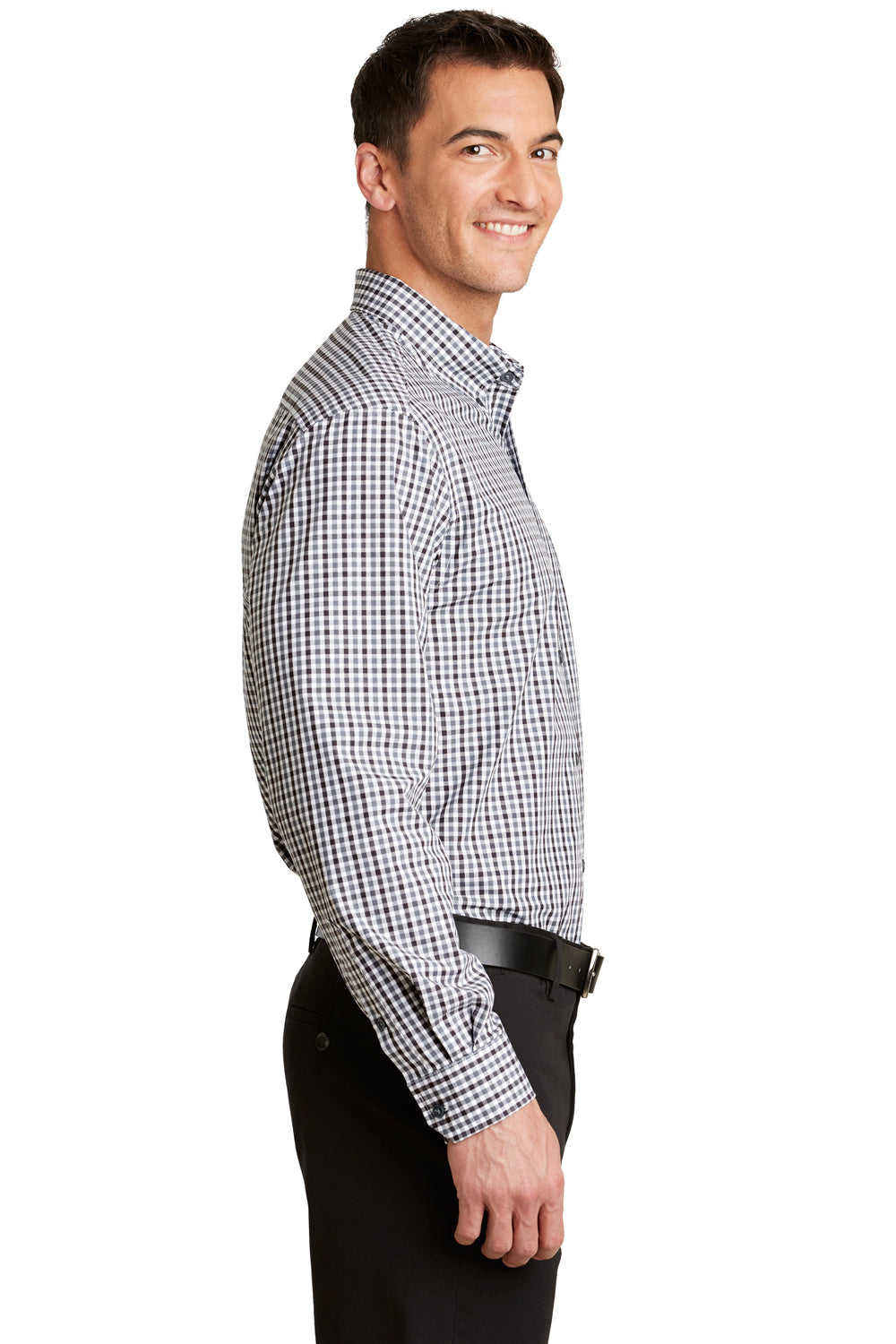 Port Authority S654 Mens Easy Care Wrinkle Resistant Long Sleeve Button Down Shirt w/ Pocket Black/Charcoal Grey Side