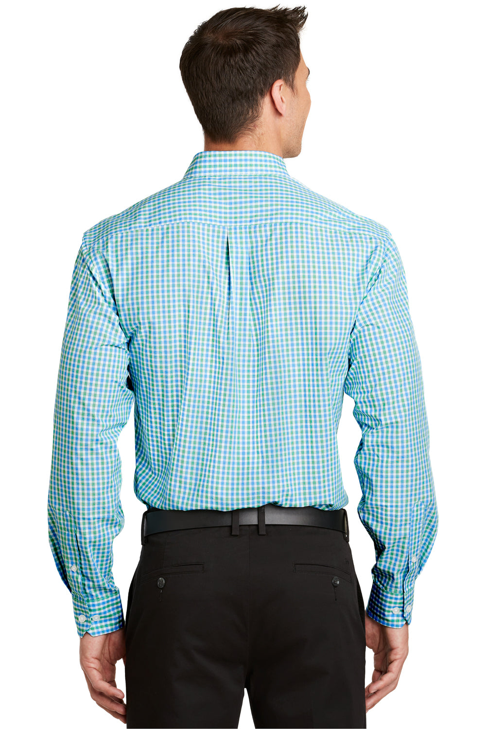 Port Authority S654 Mens Easy Care Wrinkle Resistant Long Sleeve Button Down Shirt w/ Pocket Green/Aqua Blue Back