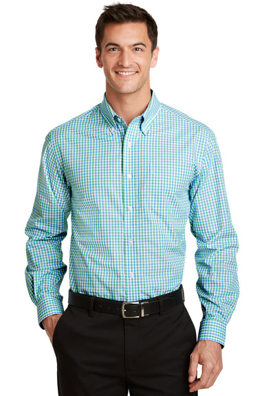 Port Authority S654 Mens Easy Care Wrinkle Resistant Long Sleeve Button Down Shirt w/ Pocket Green/Aqua Blue Front