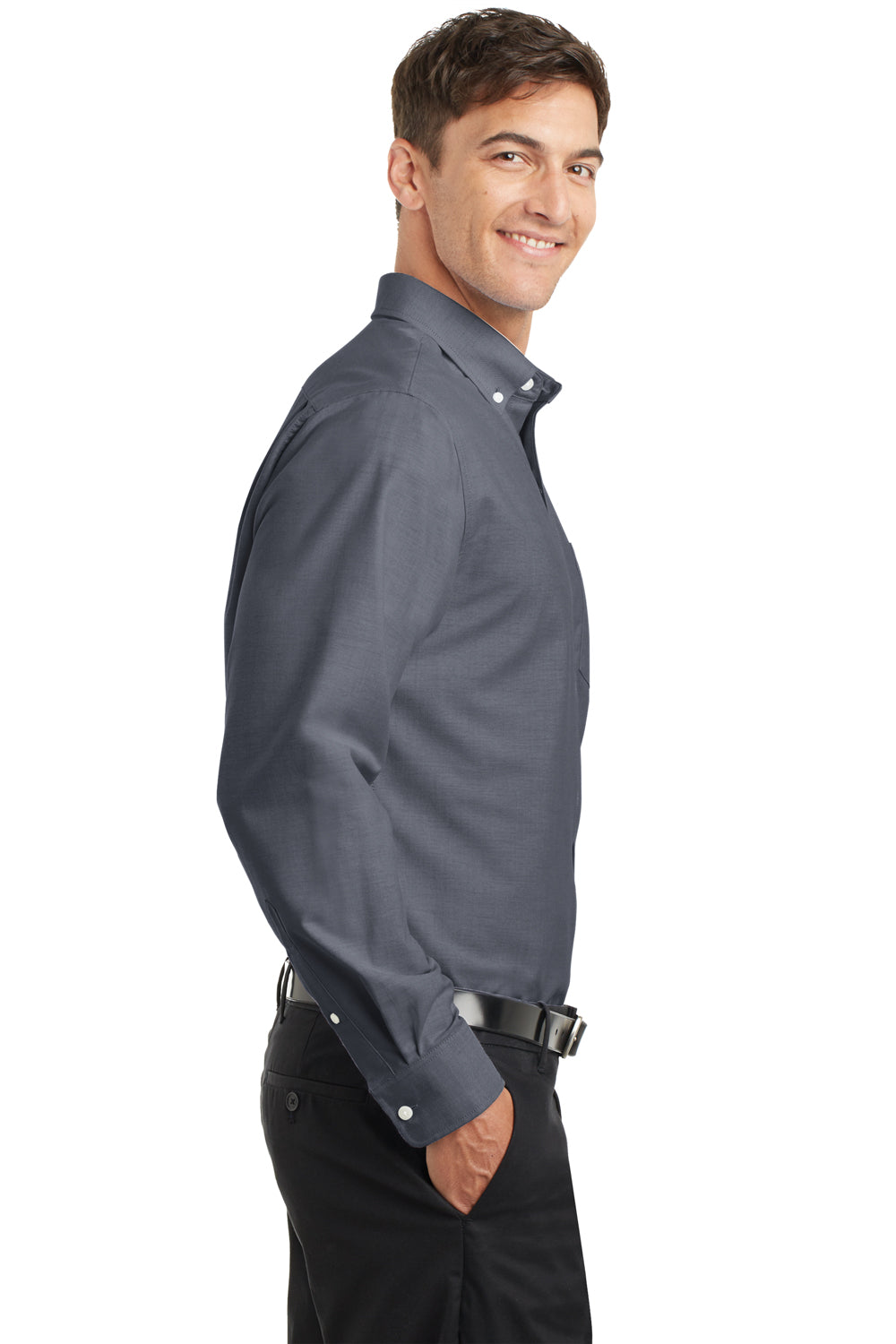 Port Authority S658 Mens SuperPro Oxford Wrinkle Resistant Long Sleeve Button Down Shirt w/ Pocket Black Side