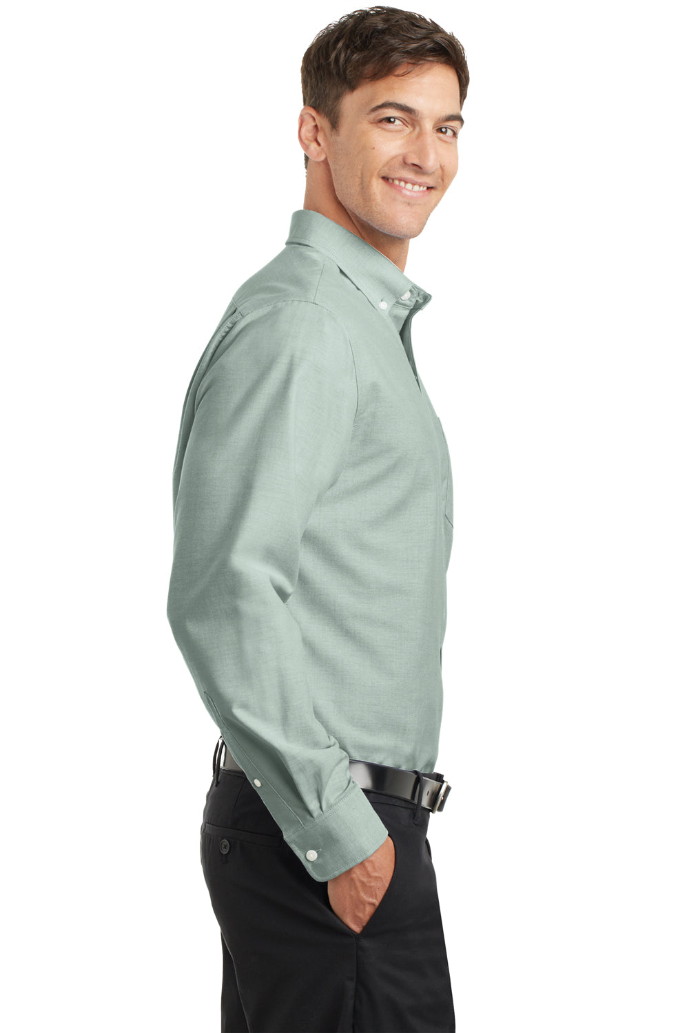 Port Authority S658 Mens SuperPro Oxford Wrinkle Resistant Long Sleeve Button Down Shirt w/ Pocket Green Side