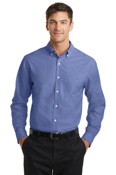 Port Authority S658 Mens SuperPro Oxford Wrinkle Resistant Long Sleeve Button Down Shirt w/ Pocket Navy Blue Front