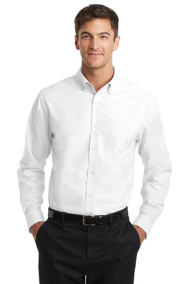 Port Authority S658 Mens SuperPro Oxford Wrinkle Resistant Long Sleeve Button Down Shirt w/ Pocket White Front