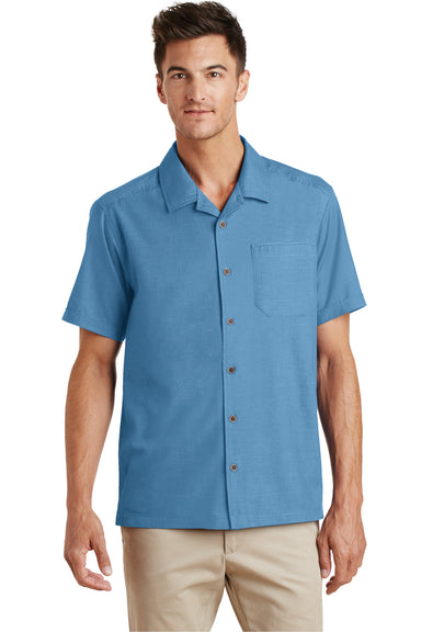 Port Authority S662 Mens Wrinkle Resistant Short Sleeve Button Down Camp Shirt w/ Pocket Celadon Blue Front
