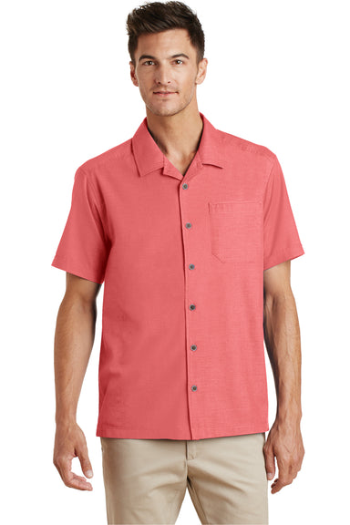 Port Authority S662 Mens Wrinkle Resistant Short Sleeve Button Down Camp Shirt w/ Pocket Coral Pink Front