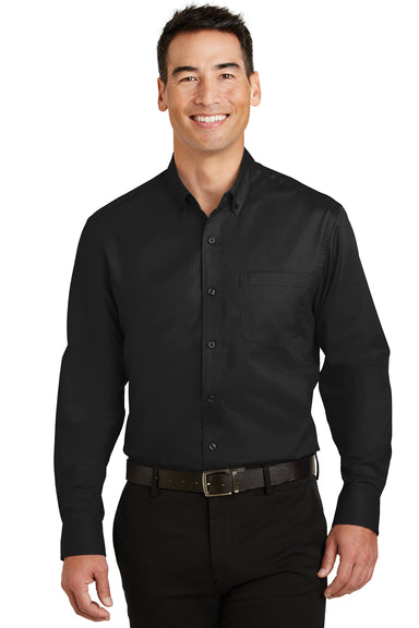 Port Authority S663 Mens SuperPro Wrinkle Resistant Long Sleeve Button Down Shirt w/ Pocket Black Front