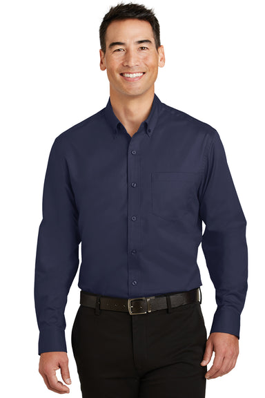 Port Authority S663 Mens SuperPro Wrinkle Resistant Long Sleeve Button Down Shirt w/ Pocket Navy Blue Front