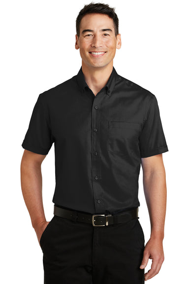 Port Authority S664 Mens SuperPro Wrinkle Resistant Short Sleeve Button Down Shirt w/ Pocket Black Front