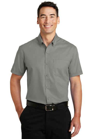 Port Authority S664 Mens SuperPro Wrinkle Resistant Short Sleeve Button Down Shirt w/ Pocket Monument Grey Front