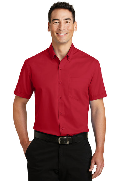 Port Authority S664 Mens SuperPro Wrinkle Resistant Short Sleeve Button Down Shirt w/ Pocket Red Front