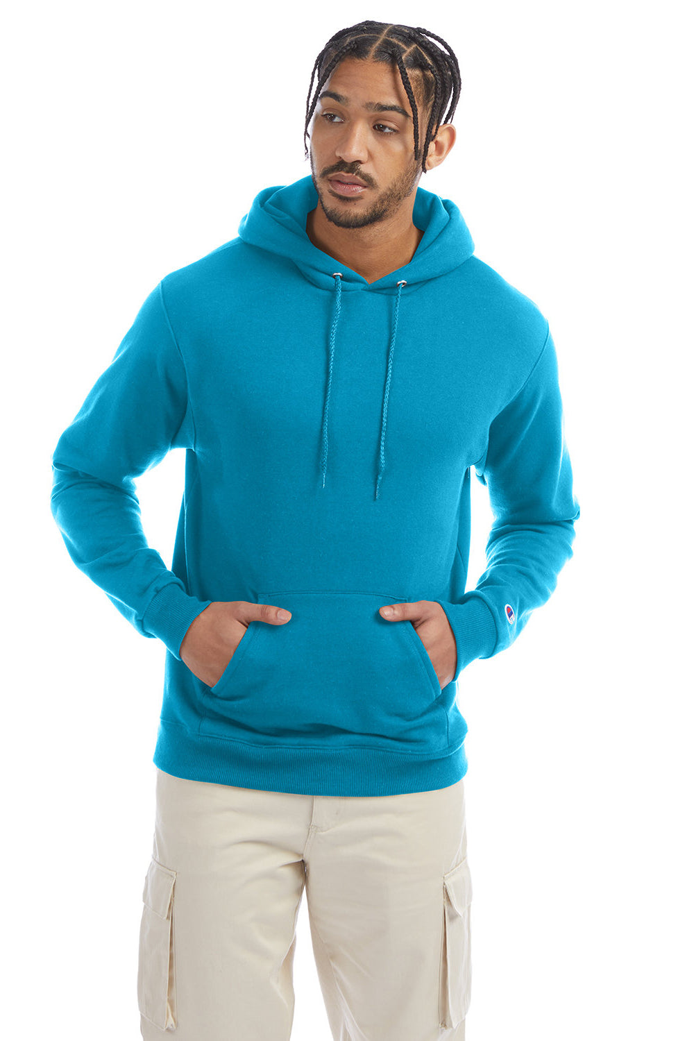 Champion S700 Mens Double Dry Eco Moisture Wicking Fleece Hooded Sweatshirt Hoodie Tempo Teal Blue Front