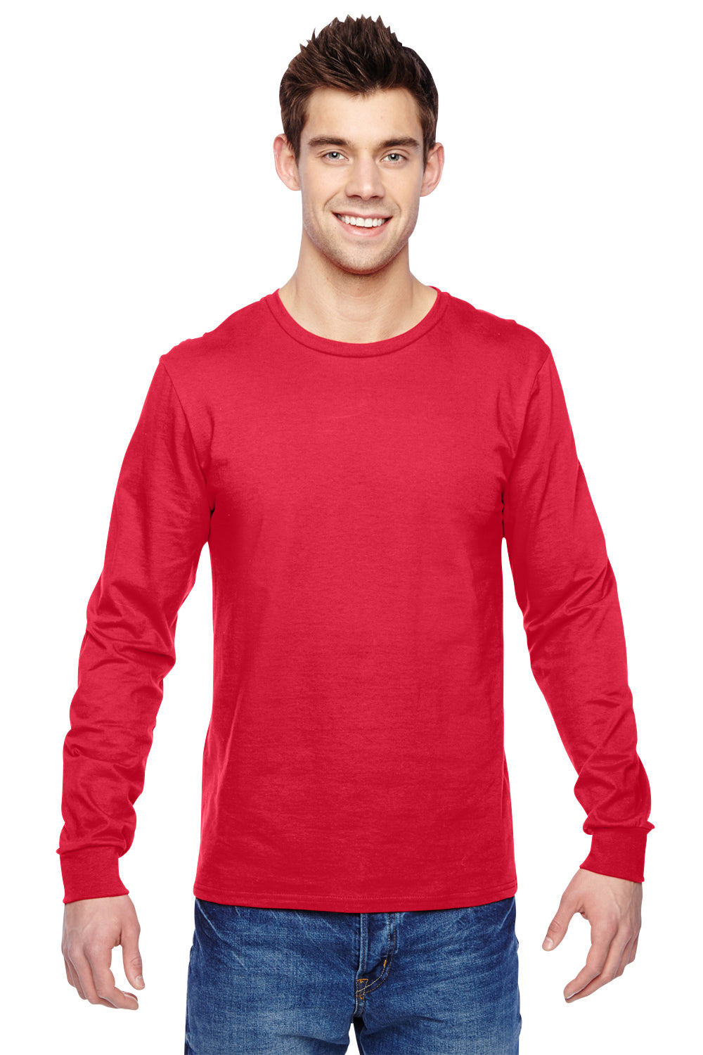 Fruit Of The Loom SFLR Mens Sofspun Jersey Long Sleeve Crewneck T-Shirt Fiery Red Front