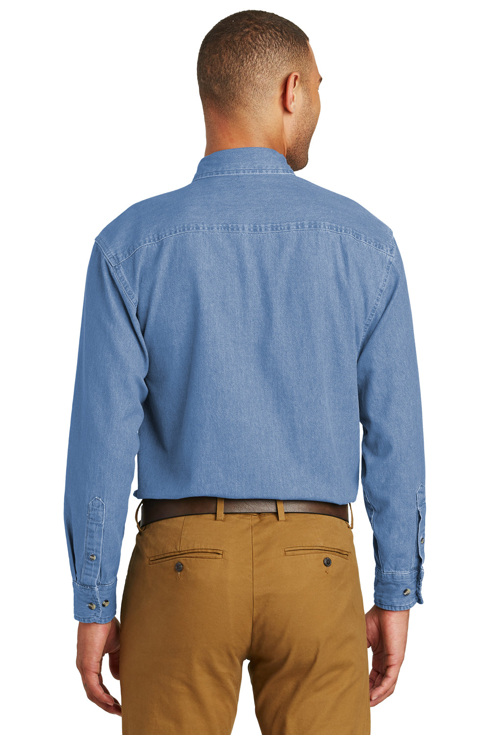 Port & Company SP10 Mens Denim Long Sleeve Button Down Shirt w/ Pocket Faded Blue Back