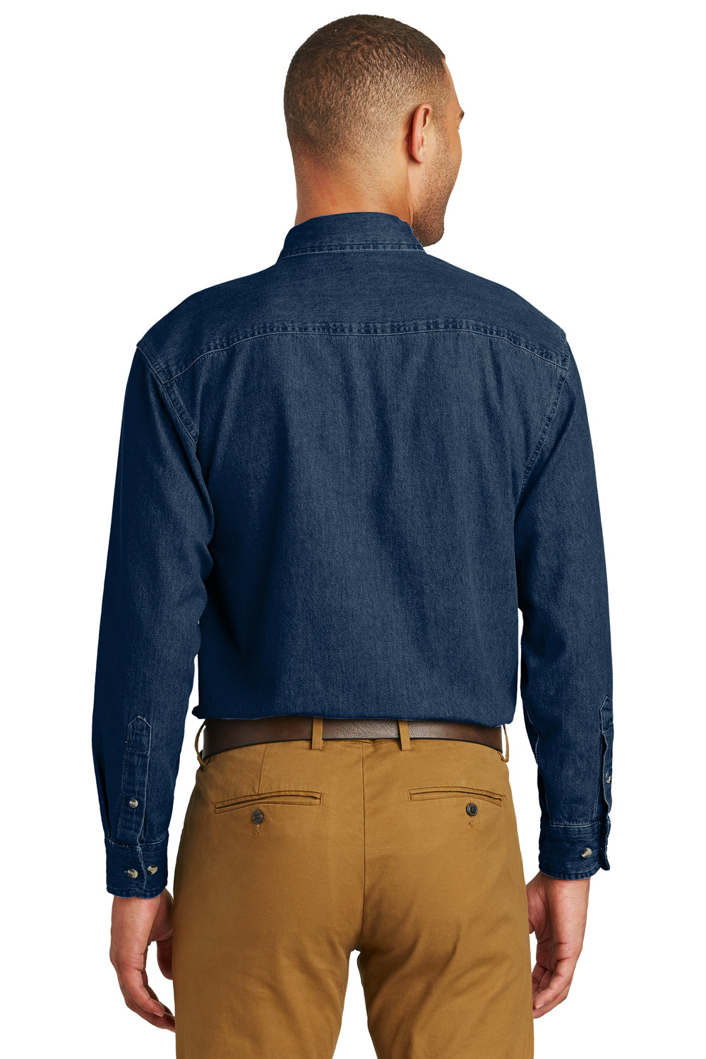 Port & Company SP10 Mens Denim Long Sleeve Button Down Shirt w/ Pocket Ink Blue Back