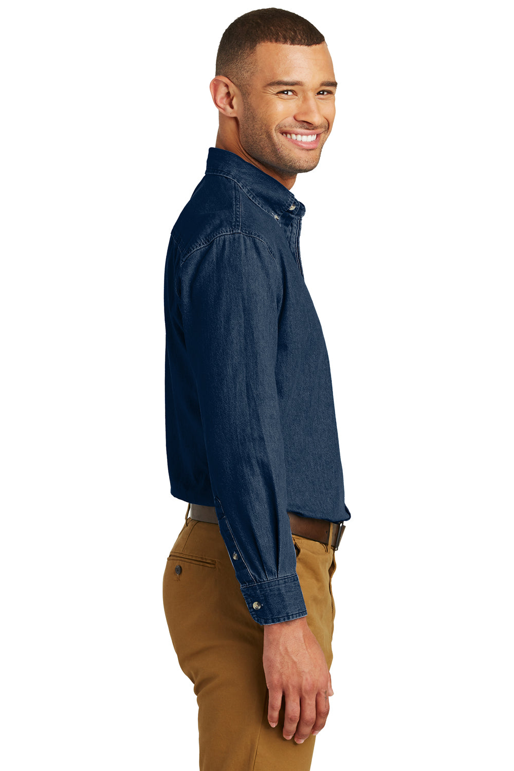 Port & Company SP10 Mens Denim Long Sleeve Button Down Shirt w/ Pocket Ink Blue Side