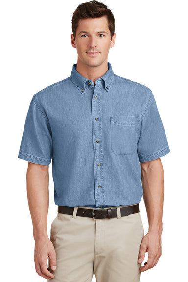 Port & Company SP11 Mens Denim Short Sleeve Button Down Shirt w/ Pocket Faded Blue Front
