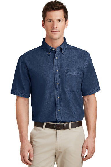 Port & Company SP11 Mens Denim Short Sleeve Button Down Shirt w/ Pocket Ink Blue Front