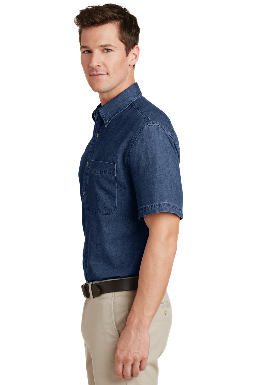 Port & Company SP11 Mens Denim Short Sleeve Button Down Shirt w/ Pocket Ink Blue Side
