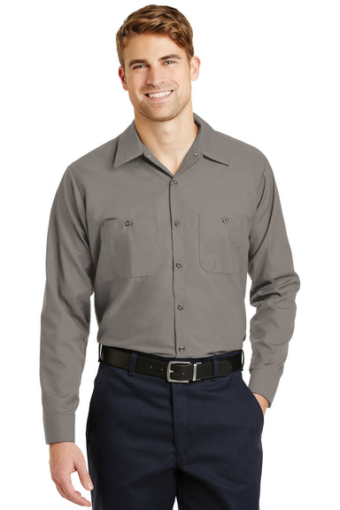 Red Kap SP14 Mens Industrial Moisture Wicking Long Sleeve Button Down Shirt w/ Double Pockets Grey Front
