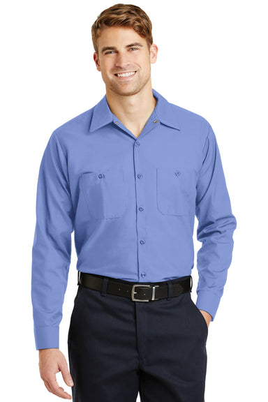 Red Kap SP14 Mens Industrial Moisture Wicking Long Sleeve Button Down Shirt w/ Double Pockets Light Blue Front