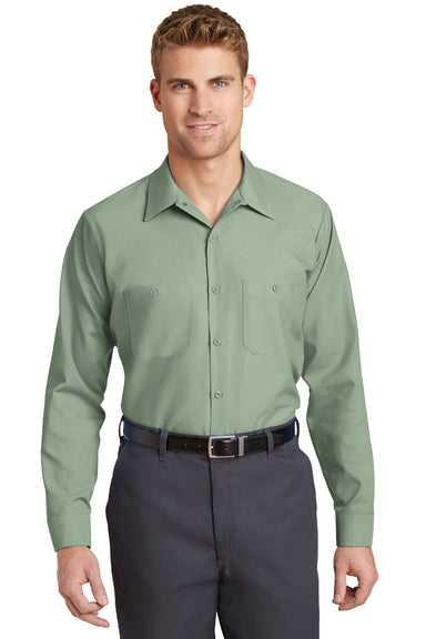 Red Kap SP14 Mens Industrial Moisture Wicking Long Sleeve Button Down Shirt w/ Double Pockets Light Green Front