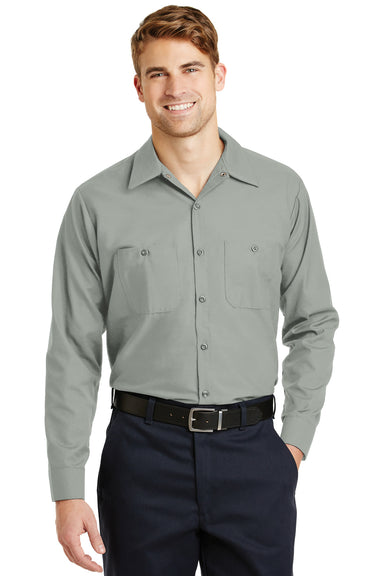 Red Kap SP14 Mens Industrial Moisture Wicking Long Sleeve Button Down Shirt w/ Double Pockets Light Grey Front