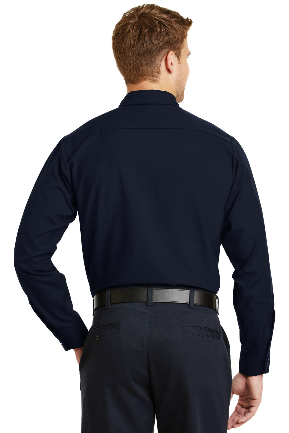 Red Kap SP14 Mens Industrial Moisture Wicking Long Sleeve Button Down Shirt w/ Double Pockets Navy Blue Back