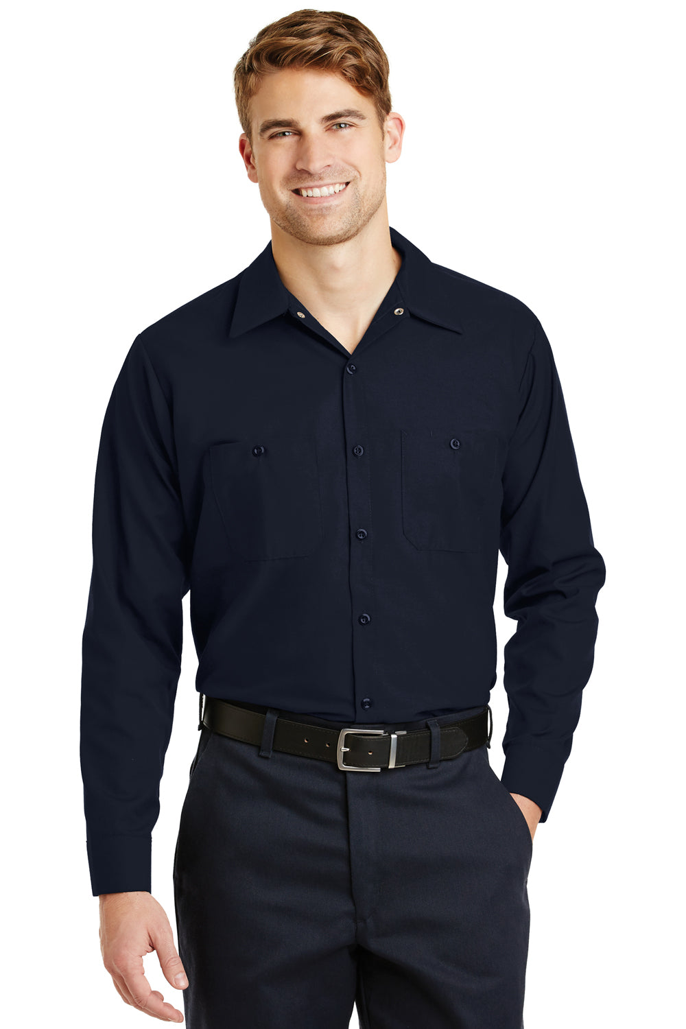 Red Kap SP14 Mens Industrial Moisture Wicking Long Sleeve Button Down Shirt w/ Double Pockets Navy Blue Front
