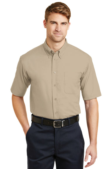CornerStone SP18 Mens SuperPro Stain Resistant Short Sleeve Button Down Shirt w/ Pocket Stone Brown Front