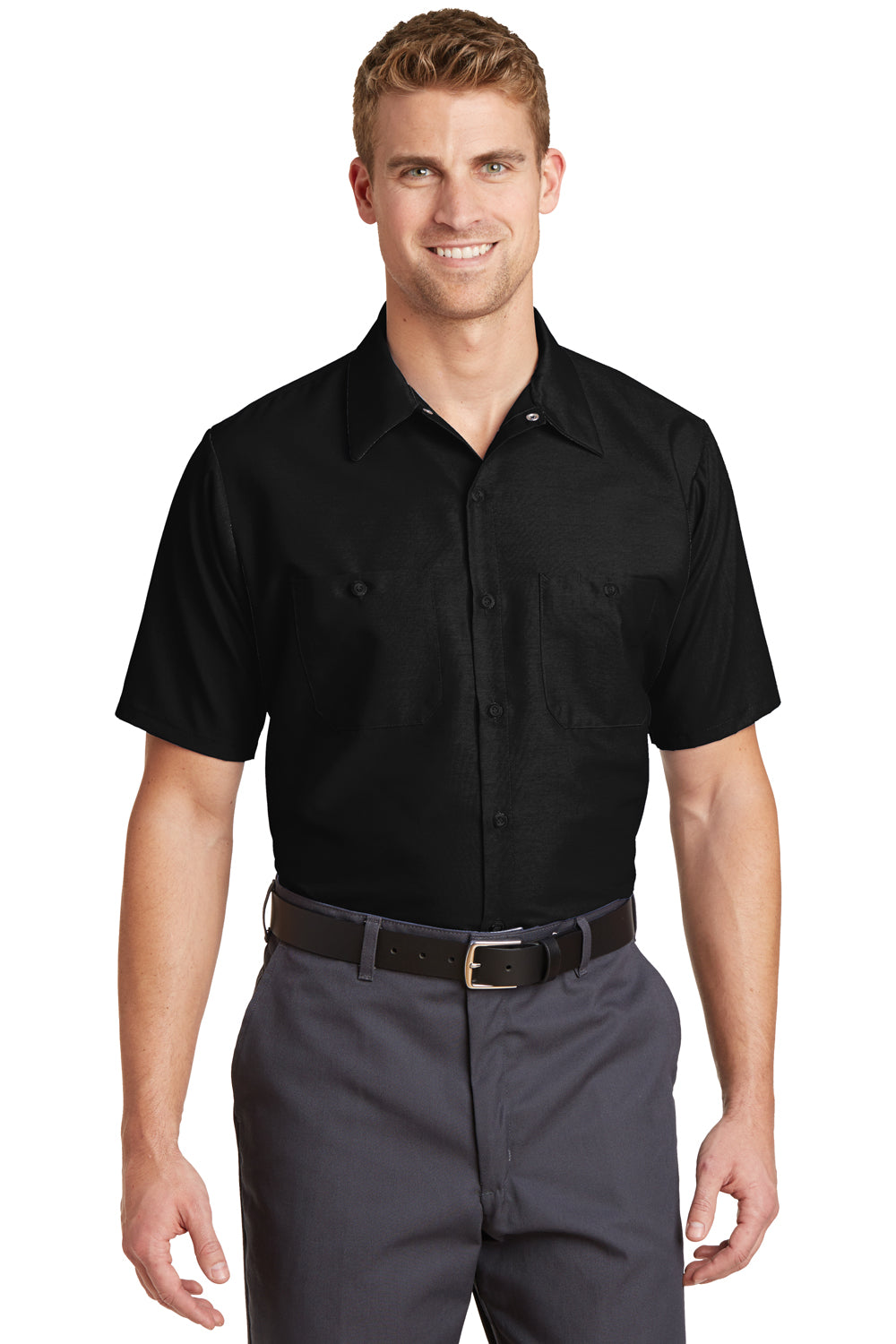 Red Kap SP24 Mens Industrial Moisture Wicking Short Sleeve Button Down Shirt w/ Double Pockets Black Front