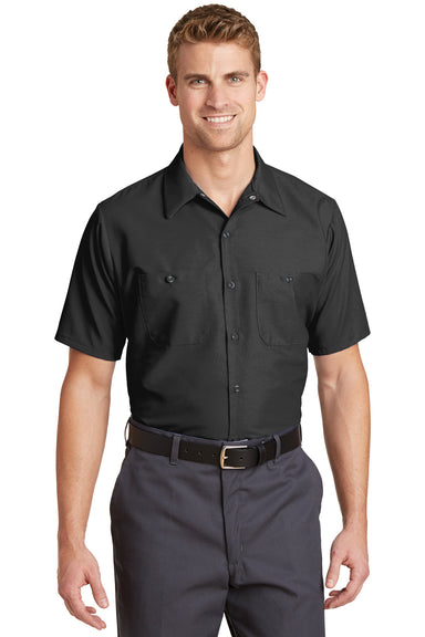 Red Kap SP24 Mens Industrial Moisture Wicking Short Sleeve Button Down Shirt w/ Double Pockets Charcoal Grey Front