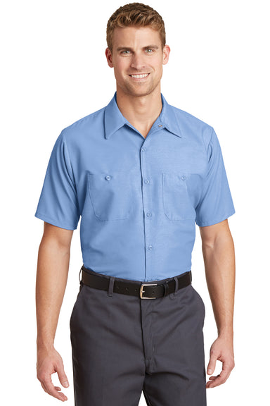 Red Kap SP24 Mens Industrial Moisture Wicking Short Sleeve Button Down Shirt w/ Double Pockets Light Blue Front
