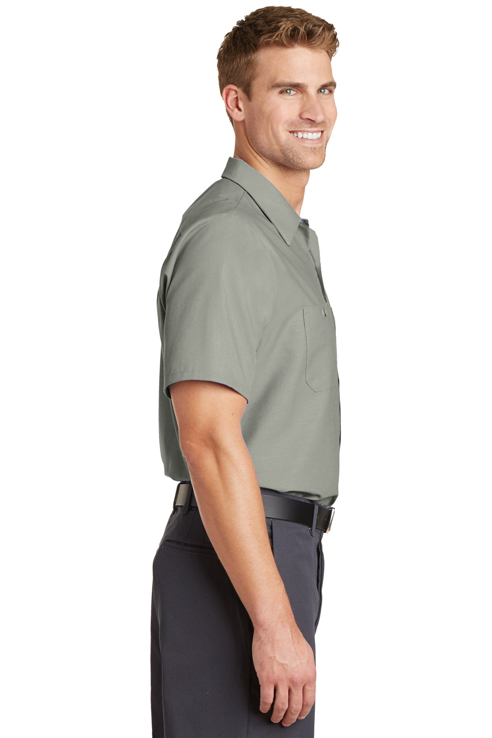 Red Kap SP24 Mens Industrial Moisture Wicking Short Sleeve Button Down Shirt w/ Double Pockets Light Grey Side
