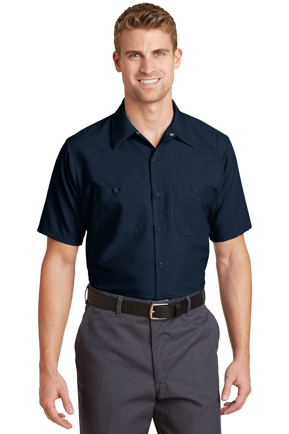 Red Kap SP24 Mens Industrial Moisture Wicking Short Sleeve Button Down Shirt w/ Double Pockets Navy Blue Front