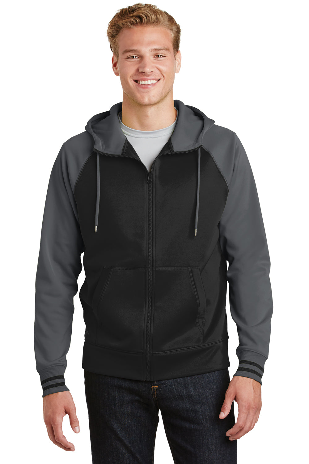 Sport-Tek ST236 Mens Sport-Wick Moisture Wicking Fleece Hooded Sweatshirt Hoodie Black/Grey Front