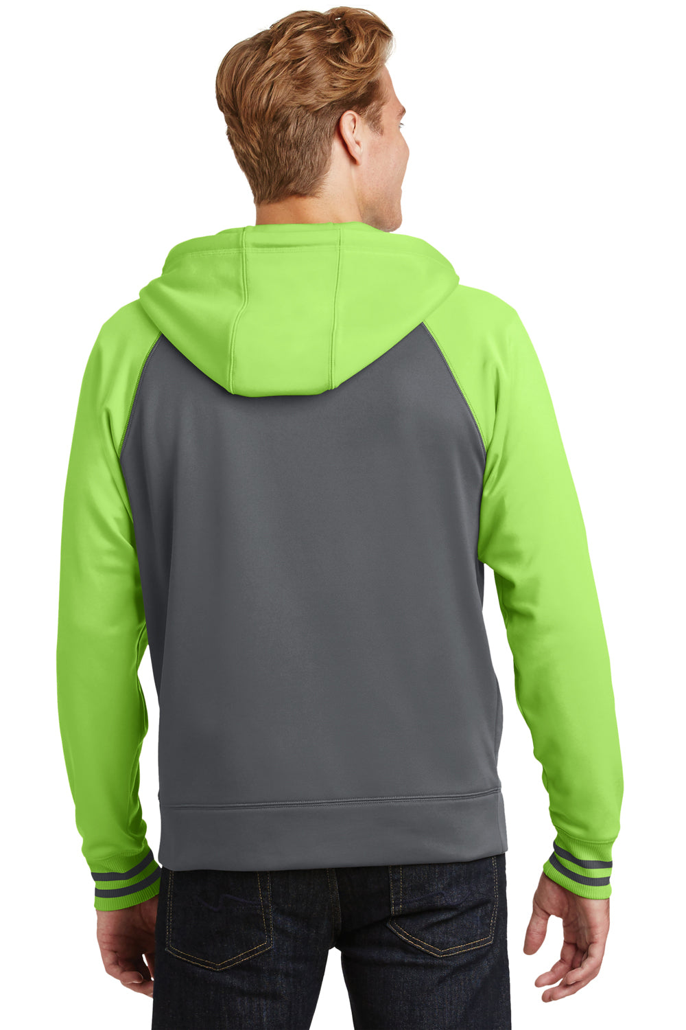 Sport-Tek ST236 Mens Sport-Wick Moisture Wicking Fleece Hooded Sweatshirt Hoodie Dark Grey/Lime Green Back