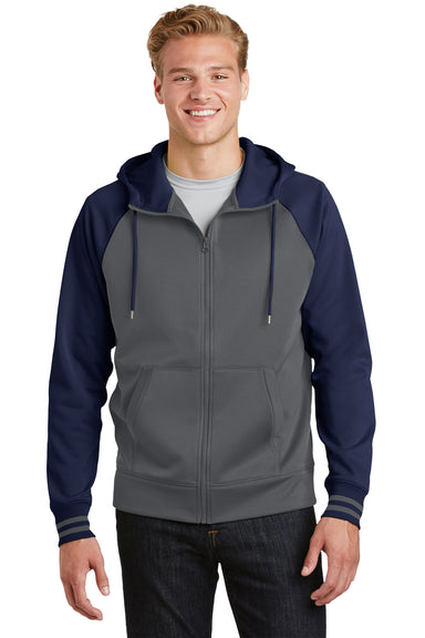 Sport-Tek ST236 Mens Sport-Wick Moisture Wicking Fleece Hooded Sweatshirt Hoodie Dark Grey/Navy Blue Front