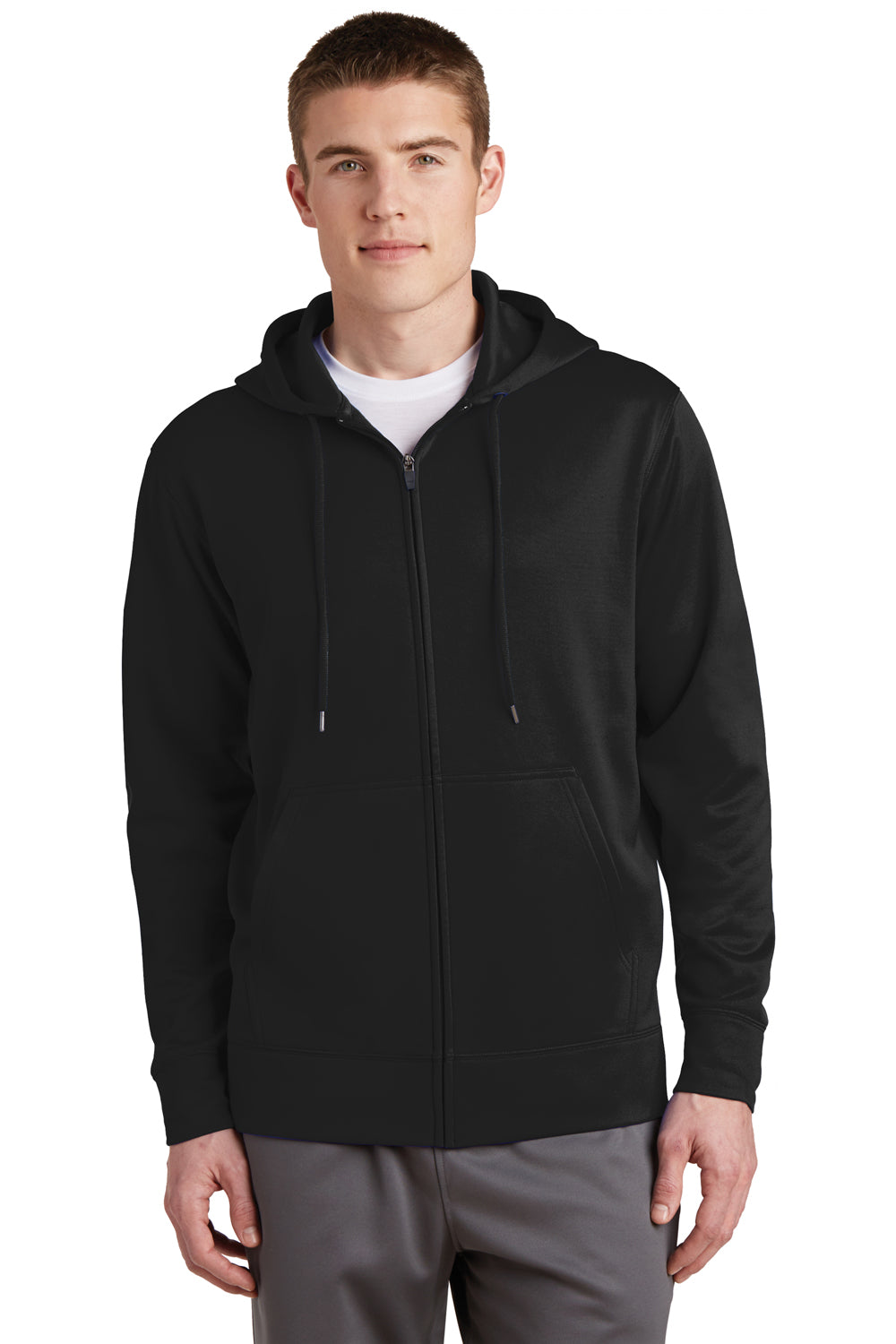 Sport-Tek ST238 Mens Sport-Wick Moisture Wicking Fleece Full Zip Hooded Sweatshirt Hoodie Black Front