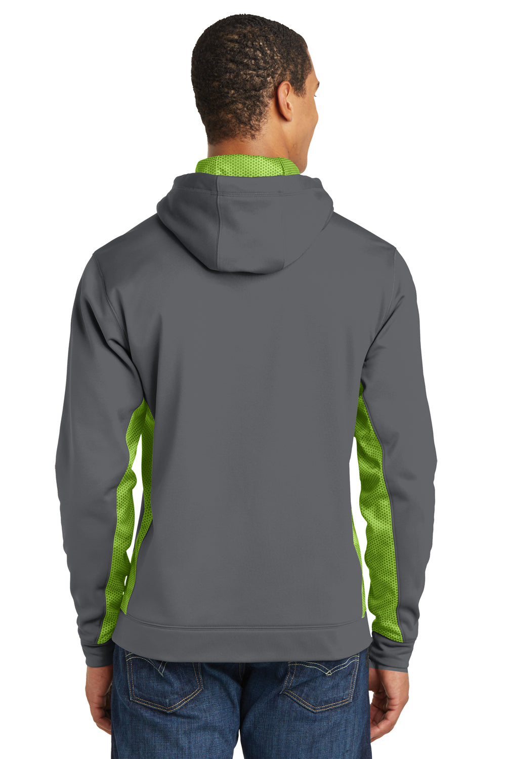 Sport-Tek ST239 Mens Sport-Wick CamoHex Moisture Wicking Fleece Hooded Sweatshirt Hoodie Dark Grey/Lime Green Back