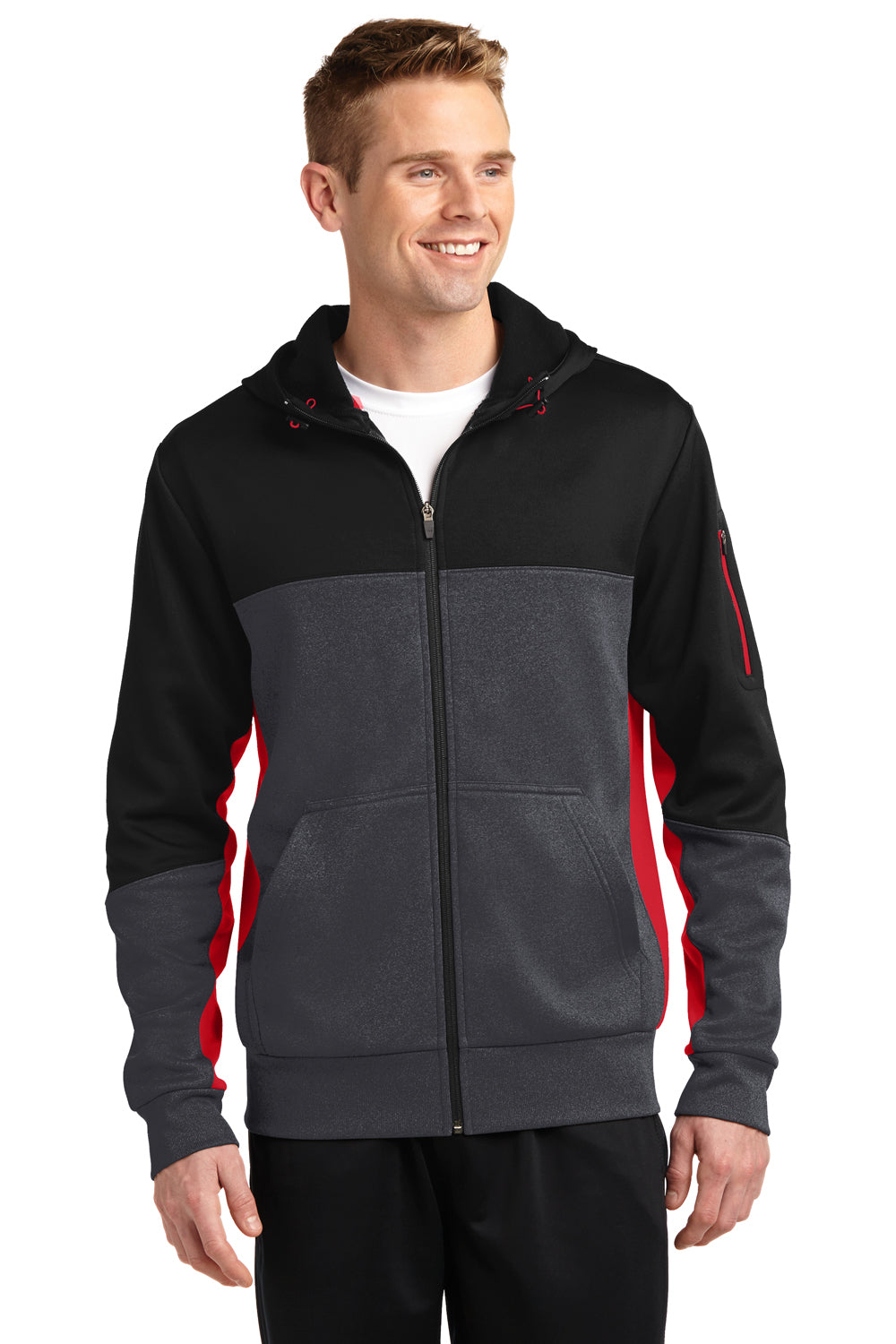 Sport-Tek ST245 Mens Moisture Wicking Full Zip Tech Fleece Hooded Jacket Black/Grey/Red Front