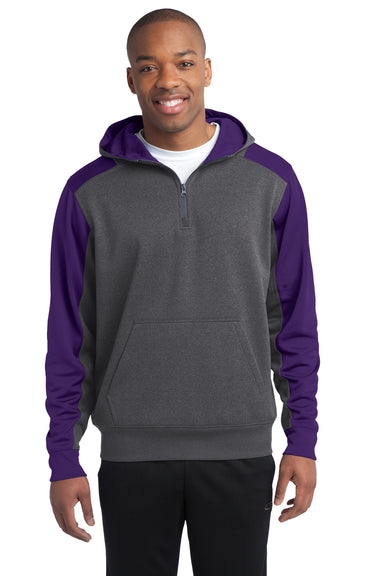 Sport-Tek ST249 Mens Tech Moisture Wicking Fleece 1/4 Zip Hooded Sweatshirt Hoodie Heather Graphite Grey/Purple Front