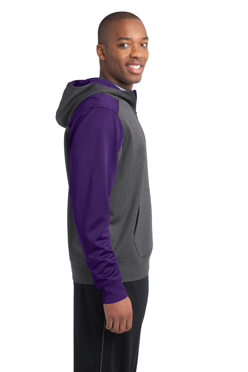 Sport-Tek ST249 Mens Tech Moisture Wicking Fleece 1/4 Zip Hooded Sweatshirt Hoodie Heather Graphite Grey/Purple Side