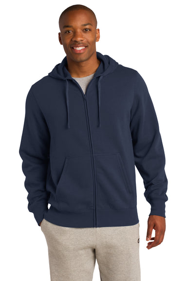 Sport-Tek ST258 Mens Fleece Full Zip Hooded Sweatshirt Hoodie Navy Blue Front