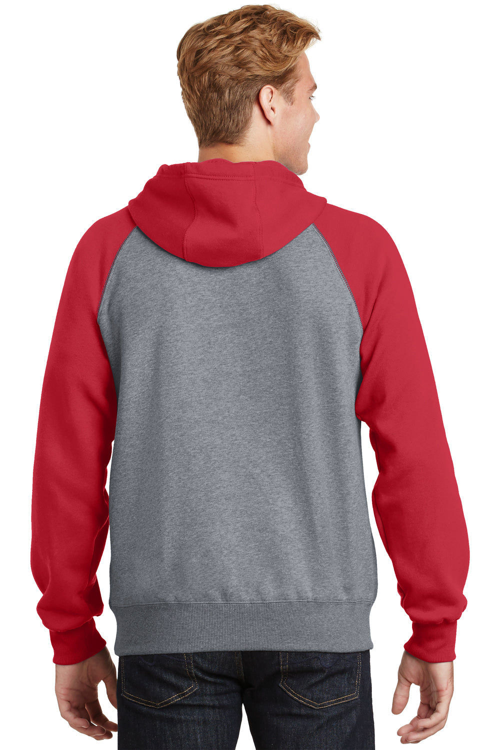 Sport-Tek ST267 Mens Fleece Hooded Sweatshirt Hoodie Heather Vintage Grey/Red Back
