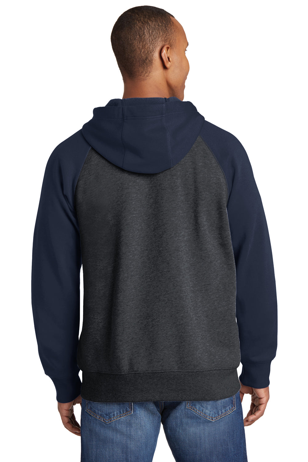 Sport-Tek ST269 Mens Fleece Full Zip Hooded Sweatshirt Hoodie Heather Graphite Grey/Navy Blue Back